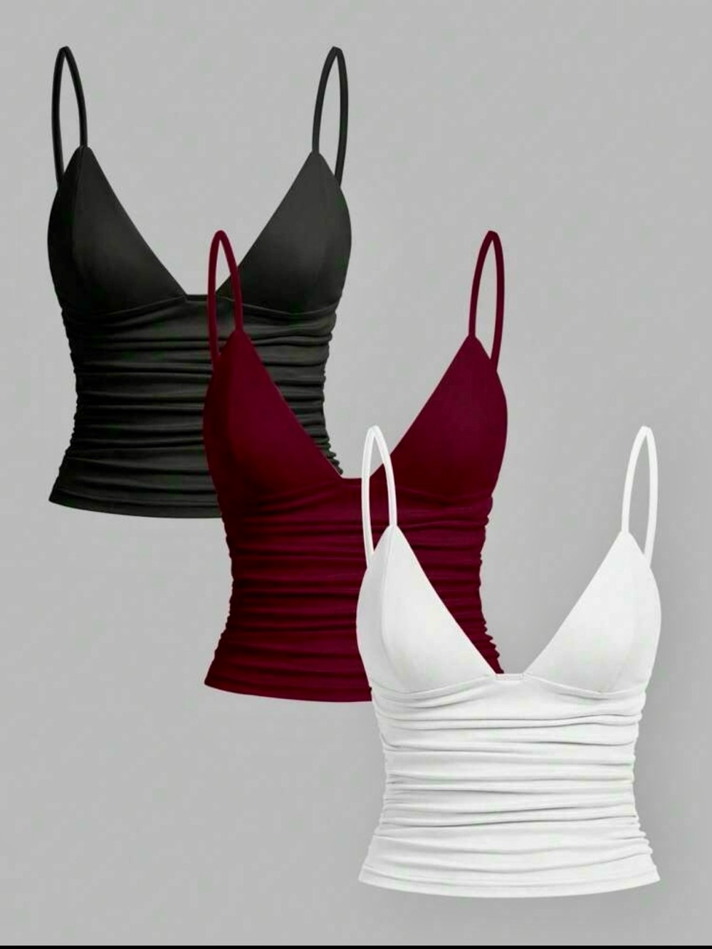 3 PACK! White, Black, and Burgundy Ruched V-Neck Crop Top
